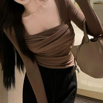 Секси тесни гънки Дамска тениска с квадратна яка Пролет Есен Универсална простота Едноцветни горнища с дълъг ръкав Дамско облекло