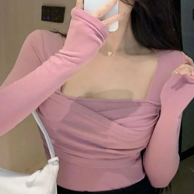 Seksualūs, ploni, sulenkti kvadratinė apykakle, moteriški marškinėliai pavasario rudeniui, visiems tinkantys Paprasti vienspalviai viršutiniai drabužiai ilgomis rankovėmis, moteriški drabužiai