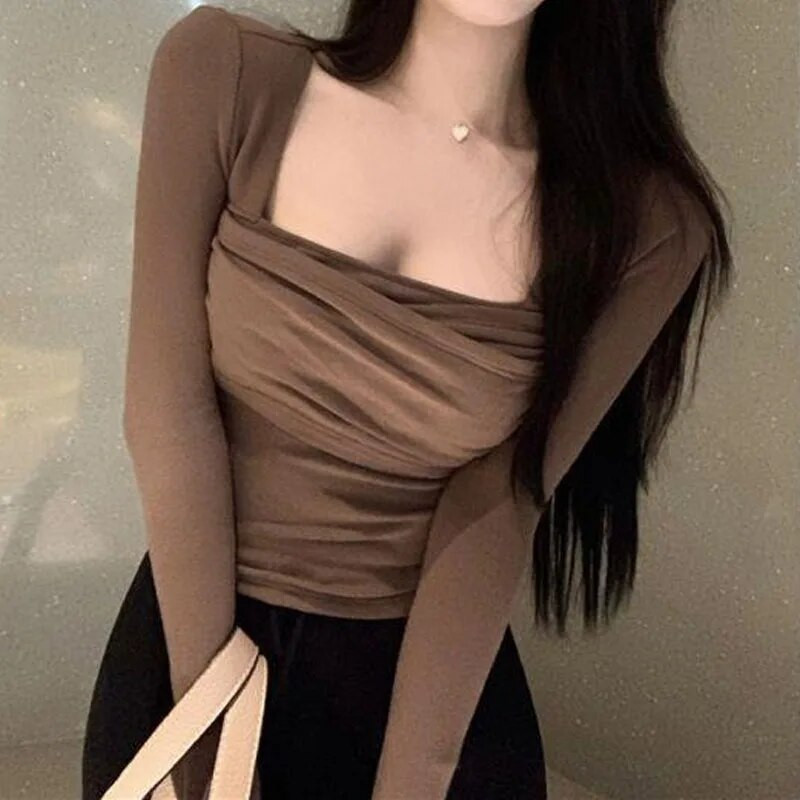 Seksualūs, ploni, sulenkti kvadratinė apykakle, moteriški marškinėliai pavasario rudeniui, visiems tinkantys Paprasti vienspalviai viršutiniai drabužiai ilgomis rankovėmis, moteriški drabužiai