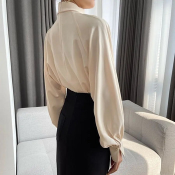 Ακανόνιστη γυναικεία μονόχρωμη μπλούζα άνοιξη φθινόπωρο 2023 Νέα ιδιοσυγκρασία με πλισέ πουλόβερ με γιακά μακρυμάνικο γυναικεία πουκάμισα