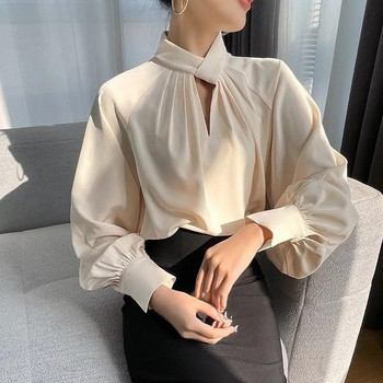 Ακανόνιστη γυναικεία μονόχρωμη μπλούζα άνοιξη φθινόπωρο 2023 Νέα ιδιοσυγκρασία με πλισέ πουλόβερ με γιακά μακρυμάνικο γυναικεία πουκάμισα