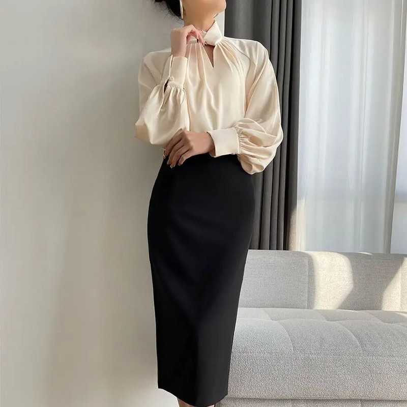 Szabálytalan női egyszínű blúz, tavaszi ősz 2023 új temperamentum rakott pulóver állógallér hosszú ujjú női ingek