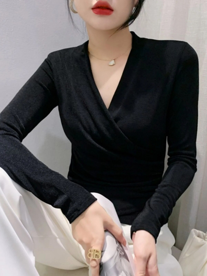 Jesen Proljeće Ženske majice s prekriženim V izrezom i naborima, dugih rukava i rastezljivih majica Elegantna mekana majica kratkih rukava za žene HF8705