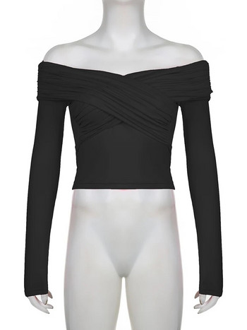 Rockmore Fashion Cross V λαιμόκοψη για γυναίκες με ανοιχτό ώμο Σέξι μακρυμάνικο μπλουζάκι Streetwear Γυναικείο μαύρο λεπτό μπλουζάκι Κορέα