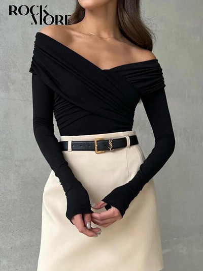 Модни дамски горнища с кръстосано V-образно деколте на Rockmore, секси тениска с дълги ръкави, дамска черна тънка тениска Корея