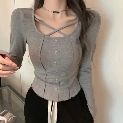 Tricou cu mâneci lungi cu claviculă expusă încrucișată Tricou cu mâneci lungi pentru femei, subțire, cu buric deschis, crop tops, primăvară și toamnă, tricou coreean sexy Y2k