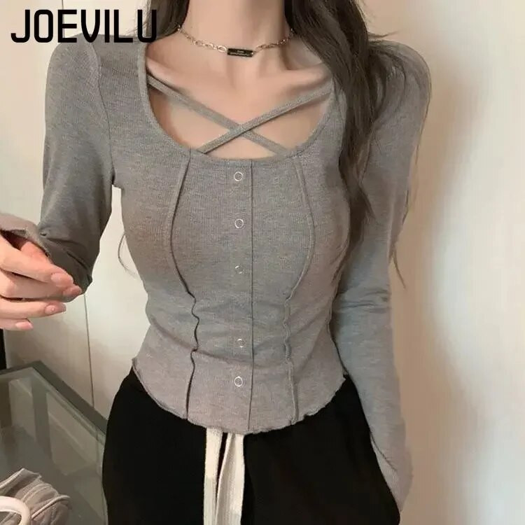 Tricou cu mâneci lungi cu claviculă expusă încrucișată Tricou cu mâneci lungi pentru femei, subțire, cu buric deschis, crop tops, primăvară și toamnă, tricou coreean sexy Y2k