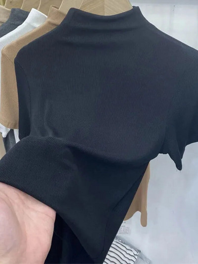 Ženske majice s kratkim rukavima s navojem, novo ljeto 2023., jednobojna, tanka, elastična, ženska majica s dugim rukavima na povlačenje