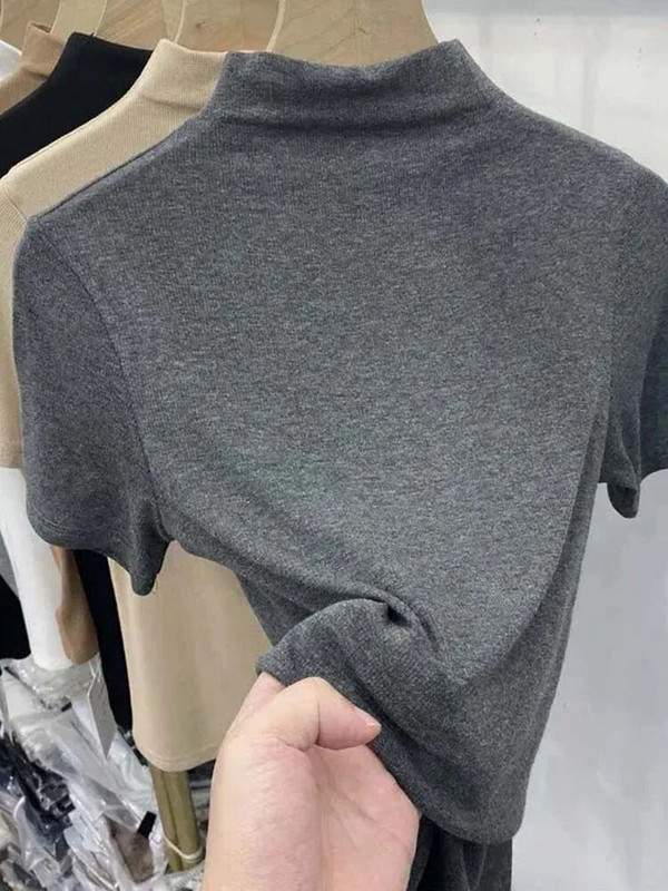 Ženske majice s kratkim rukavima s navojem, novo ljeto 2023., jednobojna, tanka, elastična, ženska majica s dugim rukavima na povlačenje