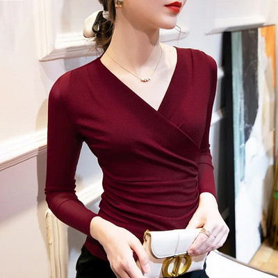 Dámske tričko Oiinaa s dlhým rukávom, jednofarebné, s výstrihom do V, základná vrstva, kórejské, kancelárske, dámske, nové, skladané, štíhle topy