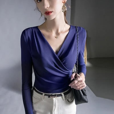 Dámske tričko Oiinaa s dlhým rukávom, jednofarebné, s výstrihom do V, základná vrstva, kórejské, kancelárske, dámske, nové, skladané, štíhle topy