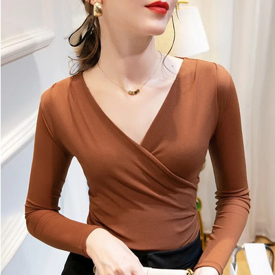 Dámske tričko Oiinaa s dlhým rukávom, jednofarebné, s výstrihom do V, základná vrstva, kórejské, kancelárske, dámske, nové, skladané, štíhle topy