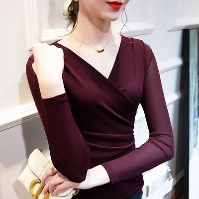 Dámske tričko Oiinaa s dlhým rukávom, jednofarebné, s výstrihom do V, základná vrstva, kórejské, kancelárske, dámske, nové, skladané, štíhle topy