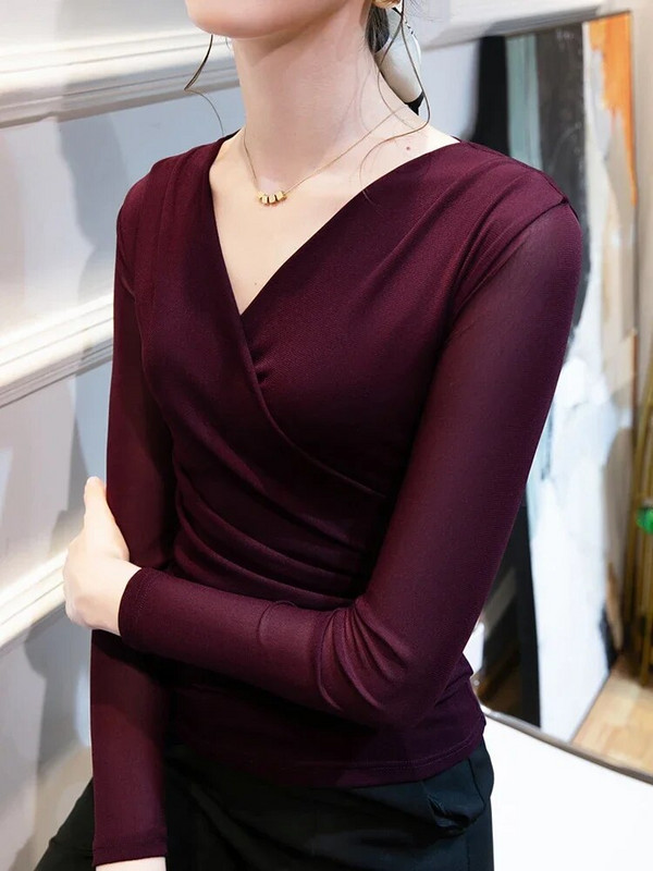 Dámske tričko Oiinaa s dlhým rukávom, jednofarebné, s výstrihom do V, základná vrstva, kórejské, kancelárske, dámske, nové, skladané, štíhle topy