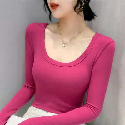 Дамска риза Едноцветни памучни ризи и блузи Горнища с дълъг ръкав О деколте Тънка ежедневна разтеглива модна дамска блуза 2024
