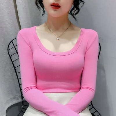 Cămașă de damă, culoare uni, cămăși și bluze din bumbac, cu mânecă lungă, cu decolteu O, topuri, subțire, casual, stretch, la modă, bluză pentru femei 2024