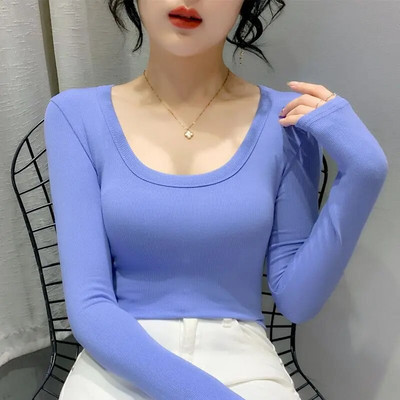 Cămașă de damă, culoare uni, cămăși și bluze din bumbac, cu mânecă lungă, cu decolteu O, topuri, subțire, casual, stretch, la modă, bluză pentru femei 2024