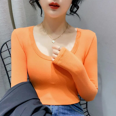 Cămașă de damă, culoare uni, cămăși și bluze din bumbac, cu mânecă lungă, cu decolteu O, topuri, subțire, casual, stretch, la modă, bluză pentru femei 2024