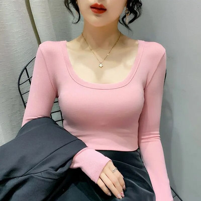 Cămașă de damă, culoare uni, cămăși și bluze din bumbac, cu mânecă lungă, cu decolteu O, topuri, subțire, casual, stretch, la modă, bluză pentru femei 2024