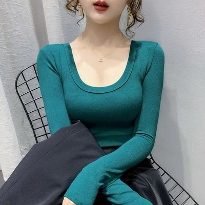 Cămașă de damă, culoare uni, cămăși și bluze din bumbac, cu mânecă lungă, cu decolteu O, topuri, subțire, casual, stretch, la modă, bluză pentru femei 2024