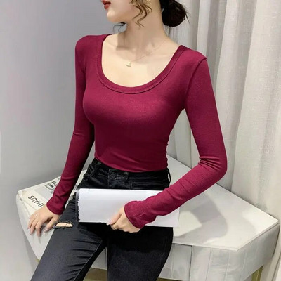 Cămașă de damă, culoare uni, cămăși și bluze din bumbac, cu mânecă lungă, cu decolteu O, topuri, subțire, casual, stretch, la modă, bluză pentru femei 2024