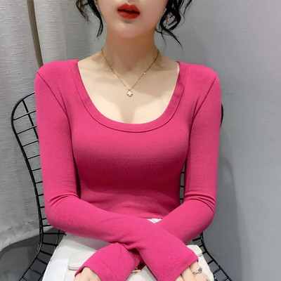 Cămașă de damă, culoare uni, cămăși și bluze din bumbac, cu mânecă lungă, cu decolteu O, topuri, subțire, casual, stretch, la modă, bluză pentru femei 2024