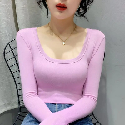 Cămașă de damă, culoare uni, cămăși și bluze din bumbac, cu mânecă lungă, cu decolteu O, topuri, subțire, casual, stretch, la modă, bluză pentru femei 2024