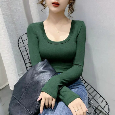 Cămașă de damă, culoare uni, cămăși și bluze din bumbac, cu mânecă lungă, cu decolteu O, topuri, subțire, casual, stretch, la modă, bluză pentru femei 2024