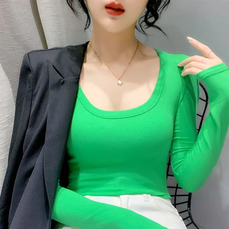 Cămașă de damă, culoare uni, cămăși și bluze din bumbac, cu mânecă lungă, cu decolteu O, topuri, subțire, casual, stretch, la modă, bluză pentru femei 2024