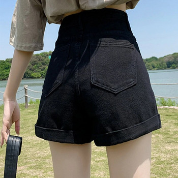 Нови летни дамски къси дънки с копчета с висока талия Ежедневни женски широки сини дънкови къси панталони черно-бели