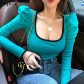 Neploe majice kratkih rukava Ženske seksi četvrtaste ovratnike s puf rukavima Ženske majice Ljeto 2024. Nove ležerne uske pamučne ženske majice 1C168