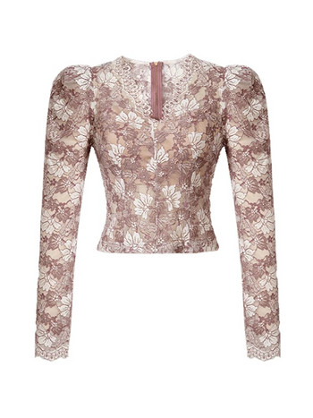 Нова пролетна есенна дамска дантелена къса тениска Дамско облекло Елегантно сладко ретро буф ръкав с V-образно деколте Femme Slim Tops Блуза Риза