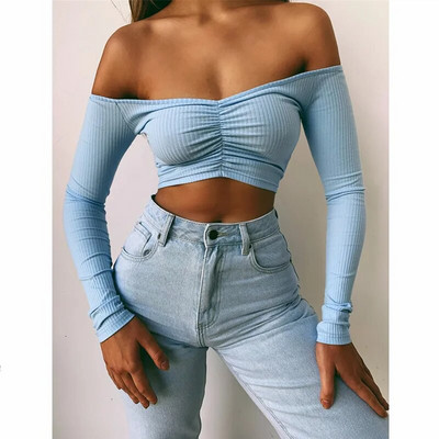 Ženske majice kratkih rukava s otvorenim ramenima Seksi majica s V izrezom i dugim rukavima Jesenske majice kratkih rukava Ženska uska klupska odjeća s naborima Jednobojna majica Femme Vestidos