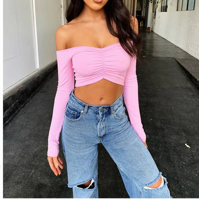 Ženske majice kratkih rukava s otvorenim ramenima Seksi majica s V izrezom i dugim rukavima Jesenske majice kratkih rukava Ženska uska klupska odjeća s naborima Jednobojna majica Femme Vestidos