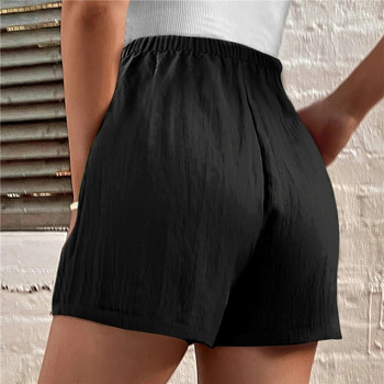 Памучни ленени къси панталони Дамски спортни къси панталони Летни плътни черни къси панталони с висока талия Дамска мода Голям размер Ежедневни базови къси панталони