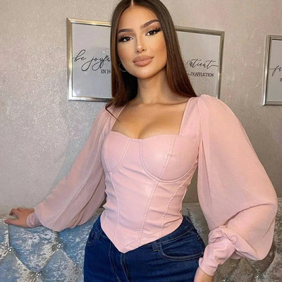 Crop Top Δερμάτινο Top Mesh Patchwork Cropped Tops Μπλουζάκι με φανάρι Λεπτό κορσέ Μπλουζάκια με τετράγωνο γιακά γοτθικά μπλουζάκια Vintage μπλουζάκια