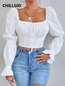 CHILLGIO Jarná dámska jednofarebná vintage blúzka s dlhými rukávmi a nafúknutými rukávmi, elegantná francúzska streetwear jesenná štvorcová golierová kórejská dámska košeľa