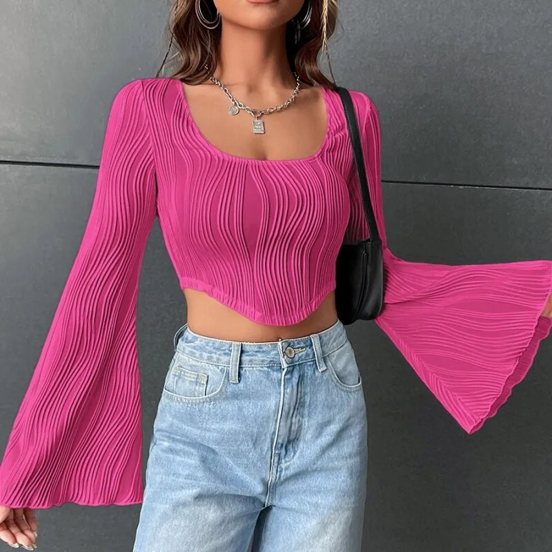 Moteriški raugintos tekstūros apkarpyti viršutiniai drabužiai y2k Slim Fit ilgomis varpelio rankovėmis, kakleliu, netaisyklingu apvadu, vientisos spalvos Slim Fit marškinėliai gatvės drabužiai