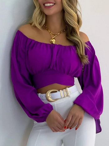 Дизайнерска дамска елегантна плътна блуза с наклонено деколте Дамски секси парти топове с издълбан дълъг ръкав Летни ежедневни тесни пуловери