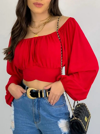 Ženska, elegantna jednobojna bluza s kosim izrezom, ženske seksi majice s izdubljenim dugim rukavima, ljetne ležerne majice uskog kroja