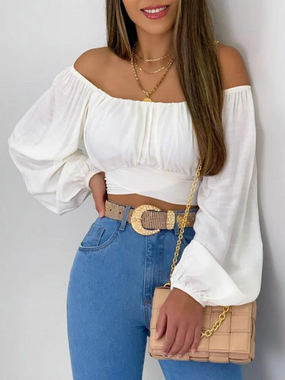 Ženska, elegantna jednobojna bluza s kosim izrezom, ženske seksi majice s izdubljenim dugim rukavima, ljetne ležerne majice uskog kroja