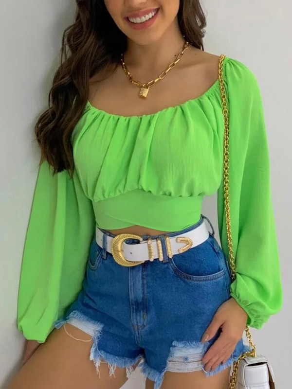 Ženska, elegantna jednobojna bluza s kosim izrezom, ženske seksi majice s izdubljenim dugim rukavima, ljetne ležerne majice uskog kroja