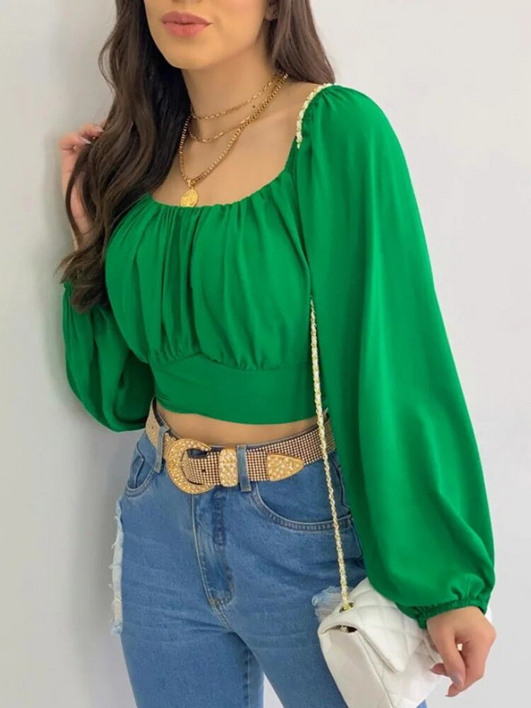 Ženska, elegantna jednobojna bluza s kosim izrezom, ženske seksi majice s izdubljenim dugim rukavima, ljetne ležerne majice uskog kroja