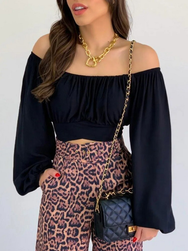 Ženska, elegantna jednobojna bluza s kosim izrezom, ženske seksi majice s izdubljenim dugim rukavima, ljetne ležerne majice uskog kroja