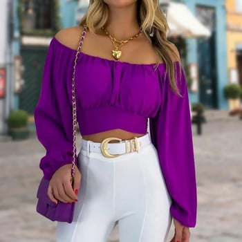 Дамска тениска с дълъг ръкав, горнище с еластична яка, едноцветна свободна дамска блуза с отворени рамена, пуловер с ръкав-фенер Топ клубно облекло