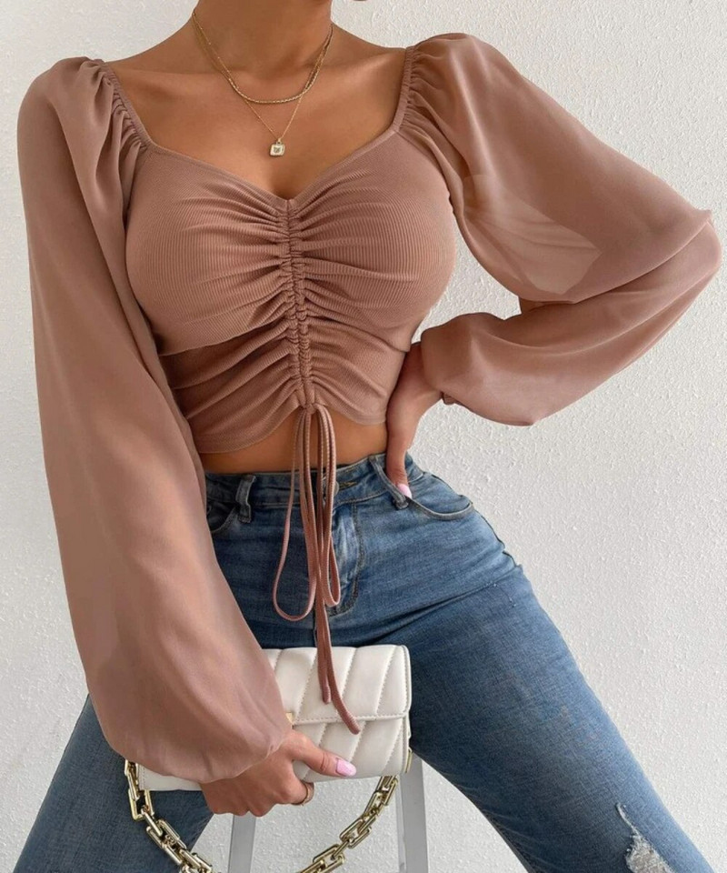 Ženske seksi majice s puf rukavima, na vezanje, s V-izrezom, monokromatske, jednostavne, dugih rukava, pripijene, ljetna i proljetna moda