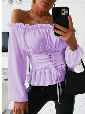Елегантна дамска блуза с отворени рамене и връзки с волани Тънки розови блузи и топове 2023 Пролет Есен Дамска бяла ежедневна риза Топ