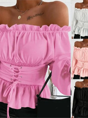 Елегантна дамска блуза с отворени рамене и връзки с волани Тънки розови блузи и топове 2023 Пролет Есен Дамска бяла ежедневна риза Топ