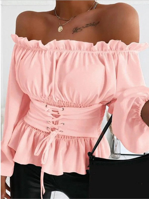 Elegáns női blúz vállról fűzős, fodros vékony rózsaszín blúzok és felsők 2023 tavaszi őszi női fehér alkalmi ing felső