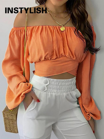 Дамска елегантна блуза с бохо принт Ежедневна тънка риза с дълъг ръкав тип фенер с отворени рамена Дамска елегантна летна туника